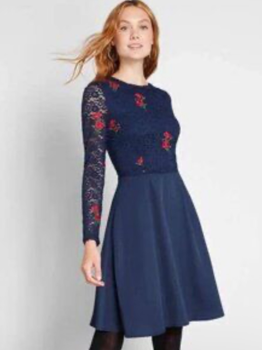 ModCloth "Ready to Bloom" navy lace embroidered dress